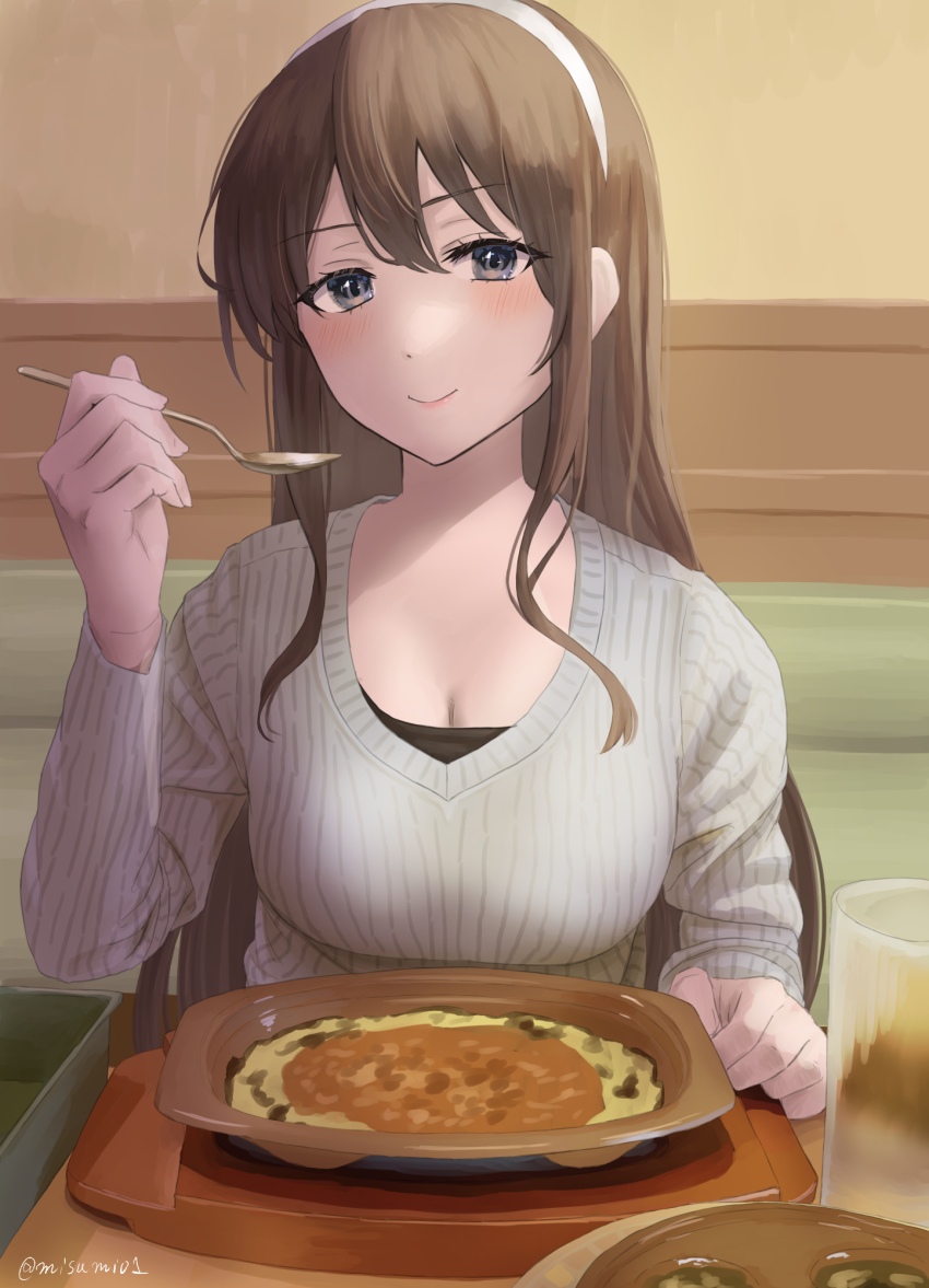 1girl, alternate_costume, ashigara_(kancolle), breasts, brown_eyes, brown_hair, cleavage, closed_mouth