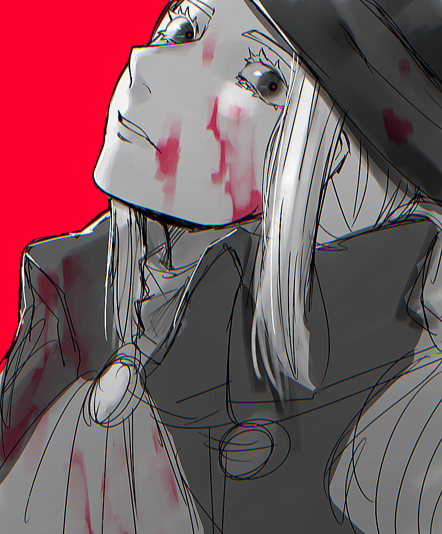 1girl, ascot, blood, blood_on_clothes, blood_on_face, bloodborne, collared_jacket, female_focus
