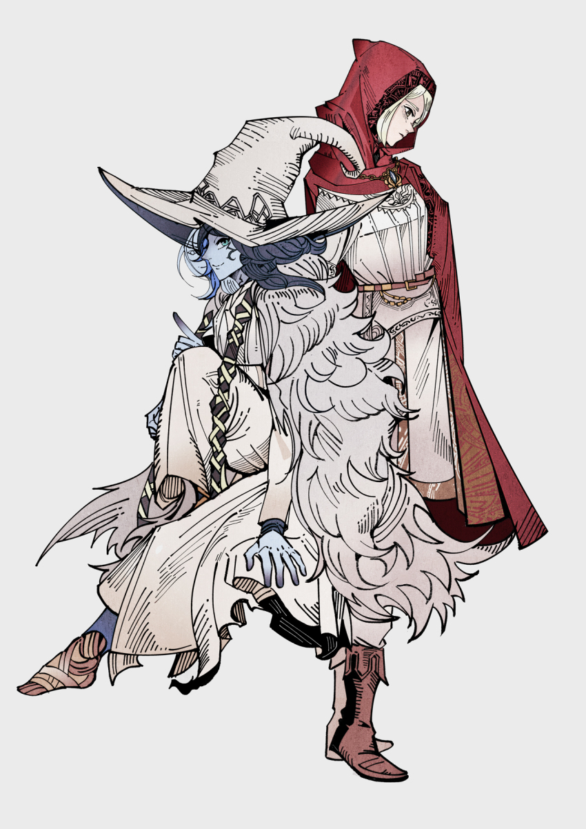 2girls, boots, brown_footwear, cloak, elden_ring, extra_faces, full_body, fur_cloak