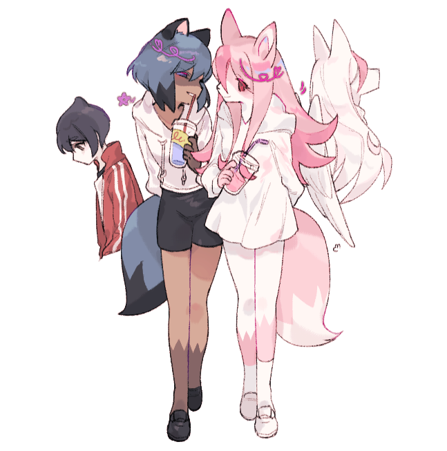 2girls, animal_ears, black_footwear, black_shorts, blue_hair, brand_new_animal, commentary_request, cup, disposable_cup, double_vertical_stripe, dress, drinking_straw, furry, furry_female, hiwatashi_nazuna, holding, holding_cup, hood, hood_down, hooded_dress, hoodie, jacket, kagemori_michiru, korean_commentary, loafers, long_sleeves, multiple_girls, pink_eyes, pink_hair, raccoon_girl, red_jacket, shirt, shoes, short_hair, shorts, sidelocks, socks, tail, u_emper, white_dress, white_footwear, white_hoodie, white_legwear, white_shirt, white_wings, wings, wolf_ears, wolf_girl, wolf_tail