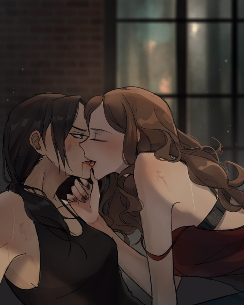 2girls, black_hair, blood, blood_on_face, blush, brown_hair, closed_mouth, curtains, closed_eyes, grabbing_another's_chin, hair_over_shoulder, hand_on_another's_chin, highres, licking, licking_another's_face, licking_another's_lips, multiple_girls, outdoors, person_of_interest, root_(person_of_interest), sameen_shaw_(person_of_interest), tcn_tancha, tongue, window, yuri