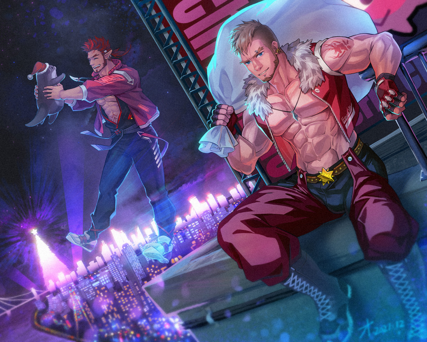 abs, animal, artist_name, bara, bare_pectorals, beard, belt, biceps