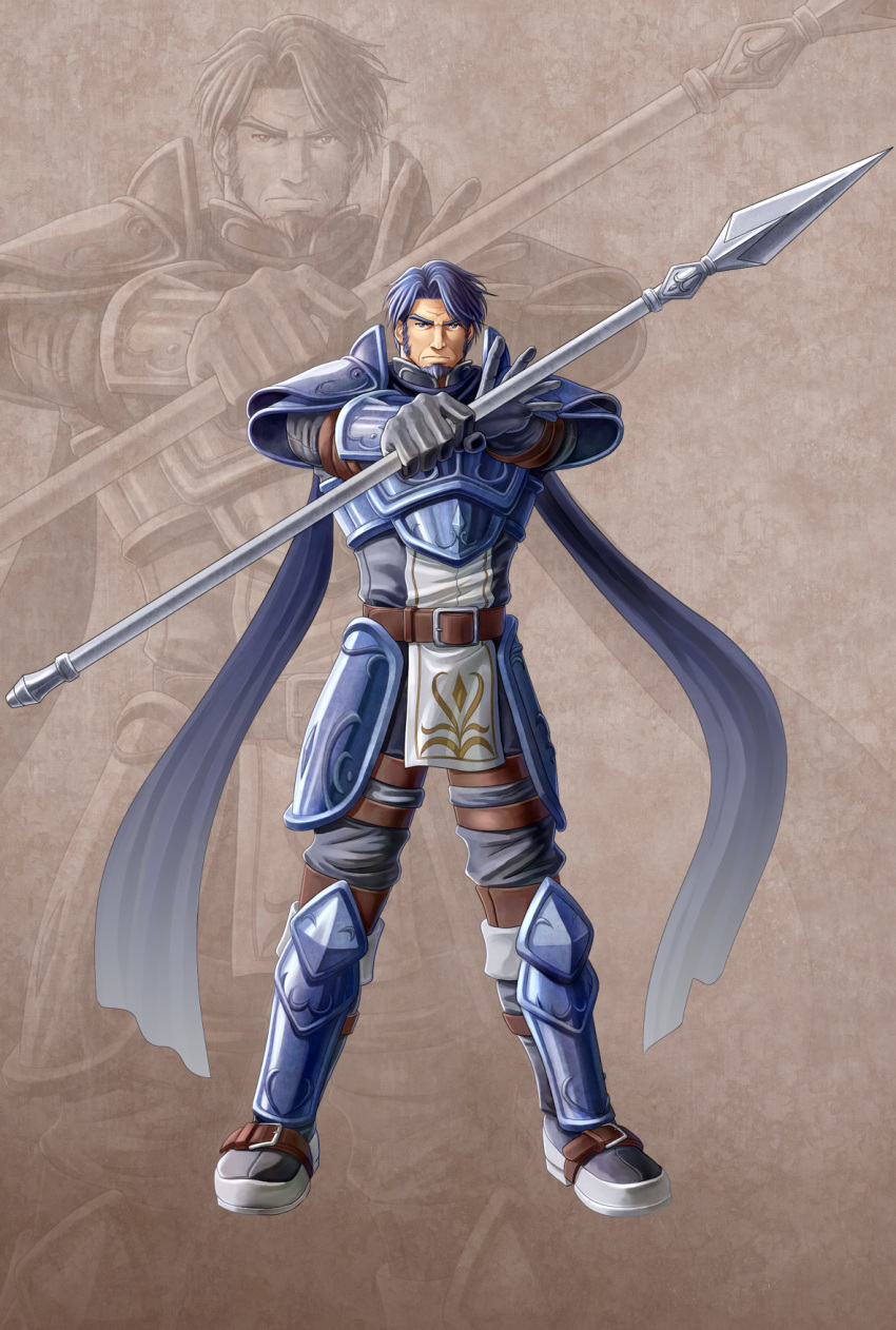 1boy, armor, armored_boots, bara, beard, belt, blue_hair, boots