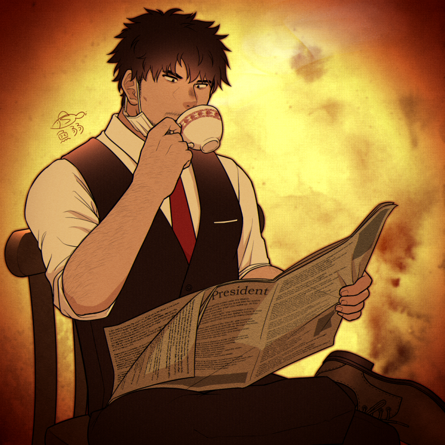 1boy, arm_hair, artist_name, bara, beard, brown_hair, chair, cup