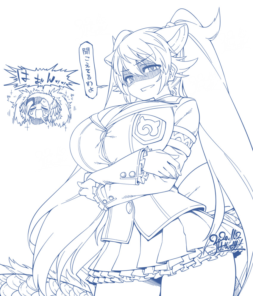 2girls, animal_ears, blue_theme, blush, breasts, commentary_request, disgust, dragon_girl