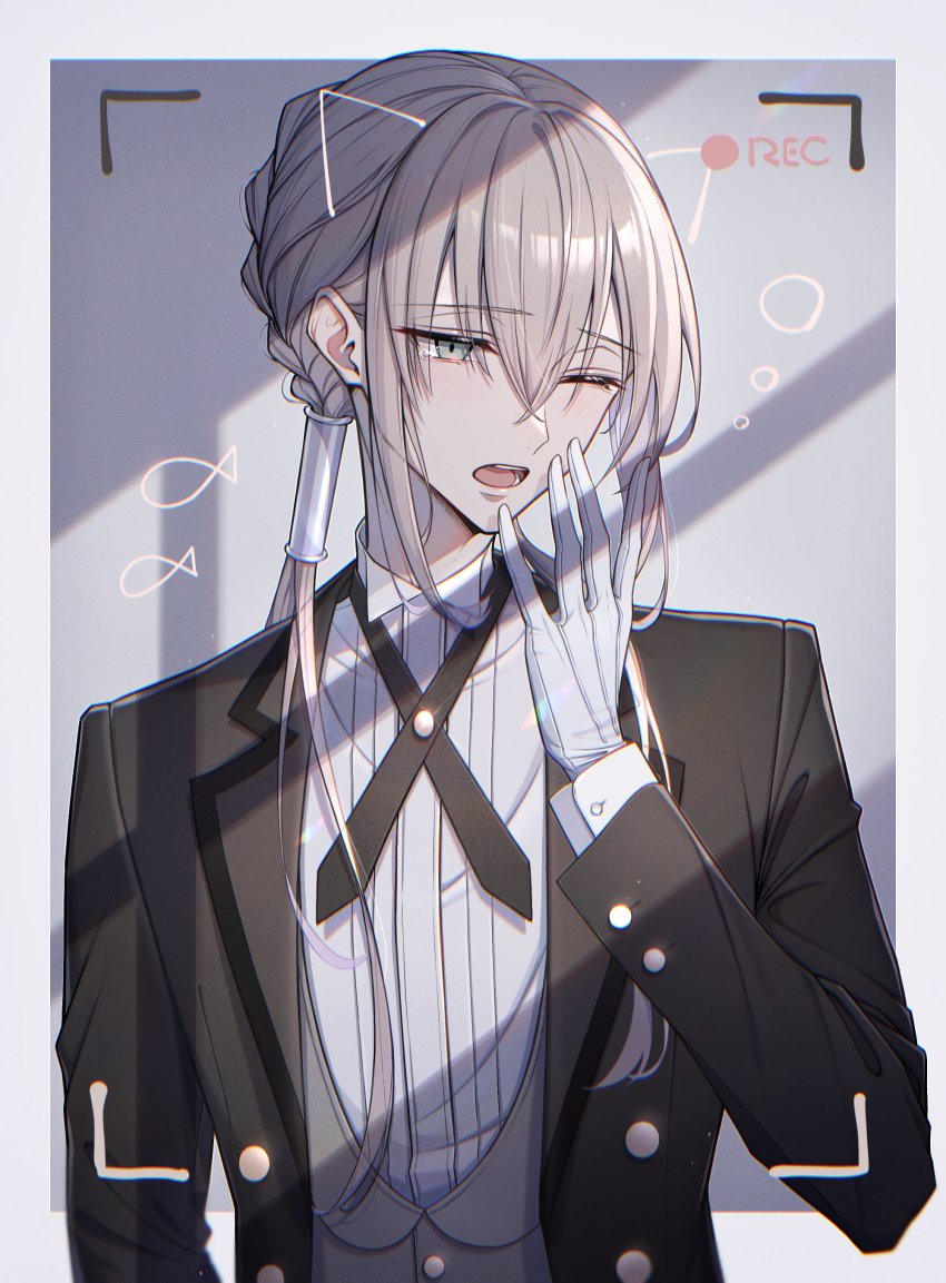 >_o, 1boy, absurdres, bambi-25, bedivere_(fate), bedivere_(silver_butler)_(fate), black_jacket, blouse, butler, collared_shirt, cross_tie, fate/grand_order, fate_(series), formal_clothes, gloves, green_eyes, hair_between_eyes, highres, jacket, knights_of_the_round_table_(fate), light_blush, long_hair, long_sleeves, male_focus, official_alternate_costume, one_eye_closed, outside_border, ponytail, recording, shirt, silver_hair, solo, upper_body, white_gloves, white_shirt
