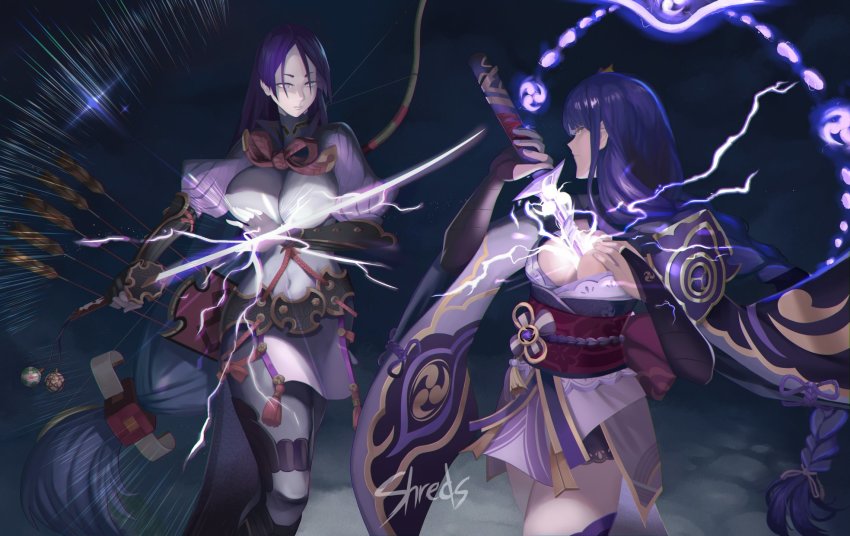 2girls, bodysuit, braid, breasts, cleavage, color_connection, commentary, crossover, electricity, english_commentary, fate/grand_order, fate_(series), fingerless_gloves, genshin_impact, gloves, highres, holding, holding_sword, holding_weapon, katana, large_breasts, long_hair, looking_at_another, low-tied_long_hair, minamoto_no_raikou_(fate), multiple_girls, musou_isshin_(genshin_impact), power_connection, purple_eyes, purple_hair, raiden_shogun, shreds_(shreds_tweets), sword, weapon