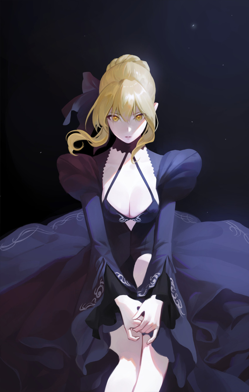 1girl, artoria_pendragon_(fate), black_dress, blonde_hair, breasts, cleavage, commentary_request, dark_persona, detached_collar, dress, fate/grand_order, fate/stay_night, fate_(series), gothic_lolita, hair_bun, highres, jinwu_(jinwudraw), large_breasts, lolita_fashion, looking_at_viewer, pale_skin, saber_alter, saber_alter_(third_ascension), short_hair, single_hair_bun, solo, v_arms, wide_sleeves, yellow_eyes