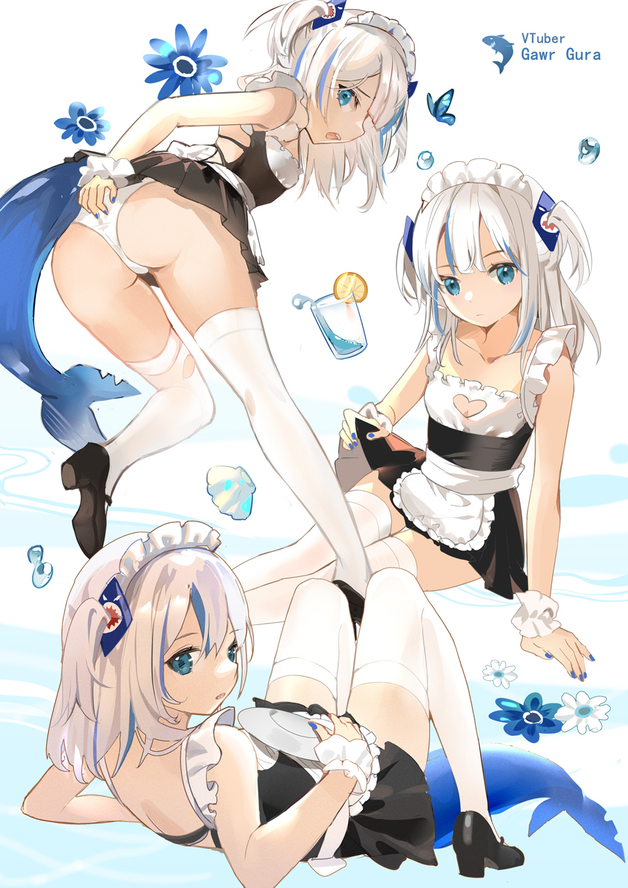 1girl, alternate_costume, ass, bare_shoulders, black_dress, black_footwear, blue_eyes, blue_flower, blue_hair, blue_nails, breasts, character_name, cleavage, cleavage_cutout, clothing_cutout, collarbone, cup, dress, drinking_glass, enmaided, flower, gawr_gura, hair_ornament, heart_cutout, high_heels, highres, hololive, hololive_english, knees_up, maid, maid_headdress, multicolored_hair, multiple_views, nail_polish, panties, pleated_dress, rero_(bigdoorbig2), seashell, shell, shoes, sitting, small_breasts, standing, standing_on_one_leg, streaked_hair, thighhighs, two_side_up, underwear, virtual_youtuber, water, white_flower, white_hair, white_panties, white_thighhighs, wrist_cuffs