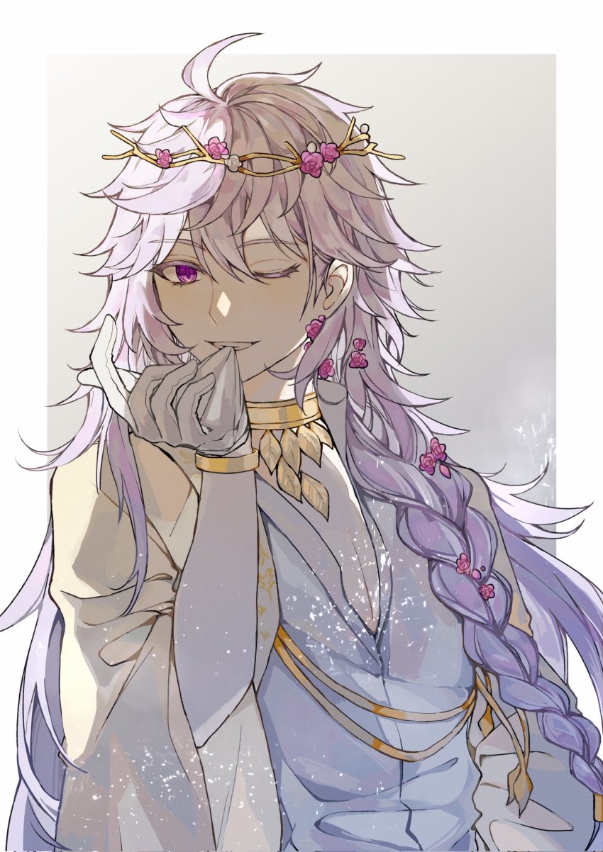 1boy, ahoge, alternate_hairstyle, biting, braid, commentary_request, fate/grand_order, fate_(series)