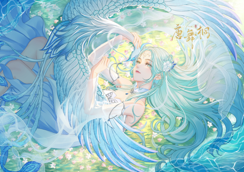 1girl, bird, blue_eyes, blue_hair, bug, butterfly, douluo_dalu, dress