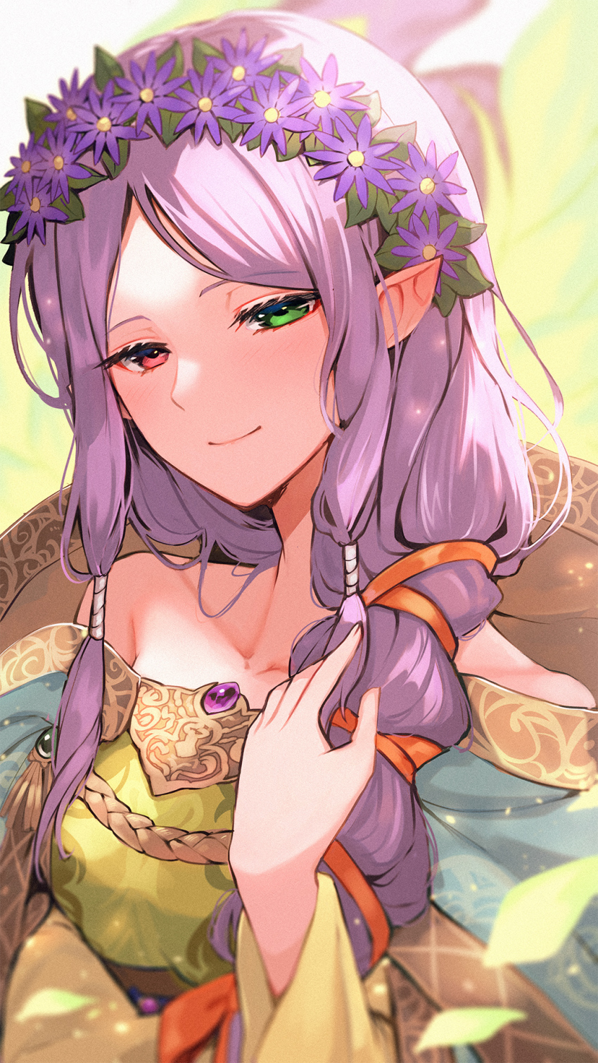 1girl, bare_shoulders, collarbone, dress, fire_emblem, fire_emblem:_the_binding_blade, fire_emblem_heroes, flower, green_eyes, hair_flower, hair_ornament, heterochromia, highres, idunn_(divine_demon)_(fire_emblem), idunn_(fire_emblem), light_persona, long_hair, looking_at_viewer, nakabayashi_zun, nintendo, off-shoulder_dress, off_shoulder, official_alternate_costume, parted_bangs, pointy_ears, purple_hair, red_eyes, smile, solo