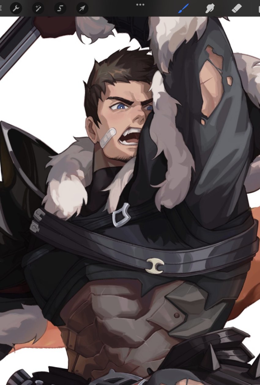 1boy, armor, warrior_of_light_(ff14), axe, bara, brown_hair, commentary_request, final_fantasy