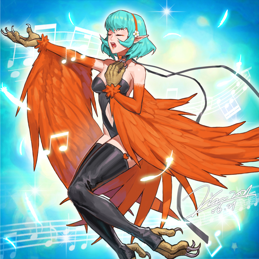 1girl, animal_hands, bare_shoulders, beamed_eighth_notes, beamed_sixteenth_notes, bird_legs, black_leotard, blue_hair