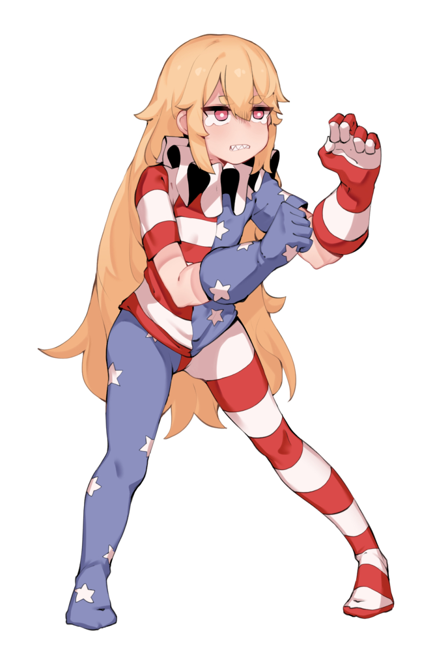 1girl, american_flag_dress, american_flag_gloves, american_flag_legwear, american_flag_print, bad_id, bad_pixiv_id, blonde_hair, clenched_teeth, clownpiece, dress, fairy, full_body, gloves, hair_between_eyes, highres, long_hair, missing_headwear, pantyhose, pink_eyes, print_gloves, sharp_teeth, simple_background, solo, soya6479, striped_clothes, striped_dress, striped_gloves, striped_pantyhose, teeth, thick_eyebrows, touhou, white_background
