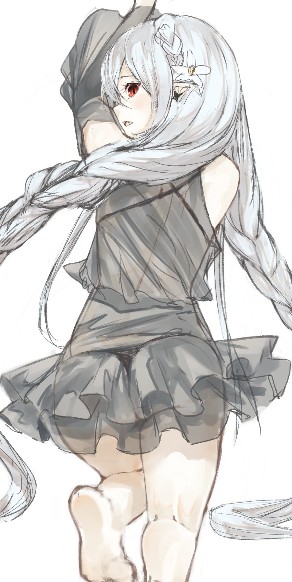 1girl, arknights, ass, back, bare_shoulders, barefoot, bikini, bikini_under_clothes