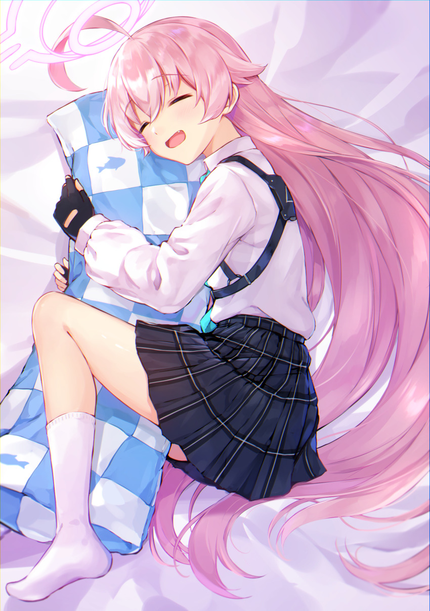 1girl, :d, absurdres, ahoge, bed_sheet, black_gloves, blue_archive, chest_harness