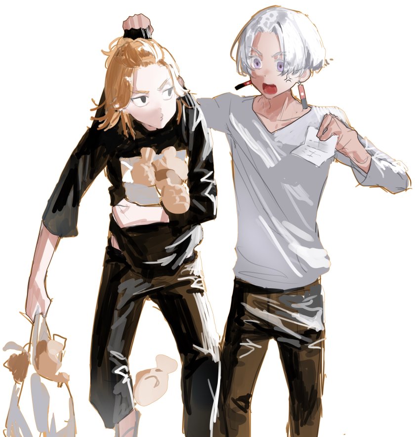 2boys, absurdres, bag, black_eyes, blonde_hair, chamuring, earrings, highres