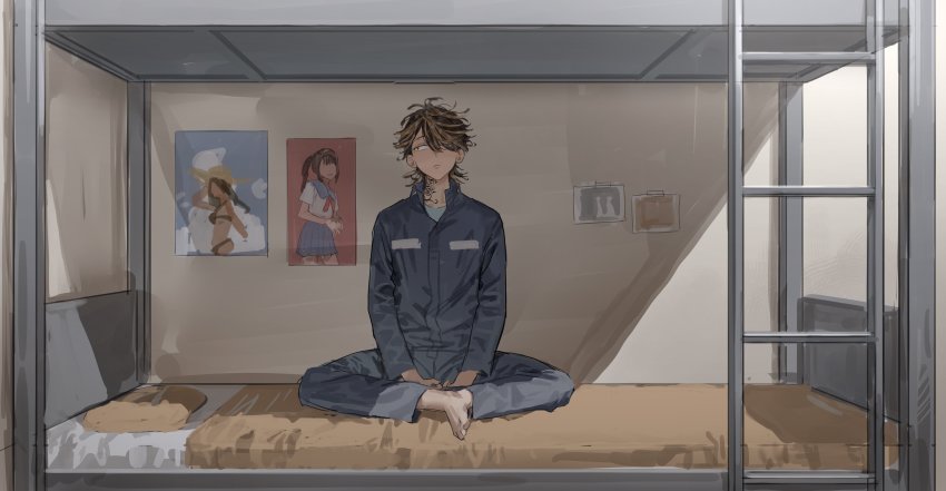 1boy, absurdres, bed, bed_sheet, black_hair, butterfly_sitting, chamuring, feet