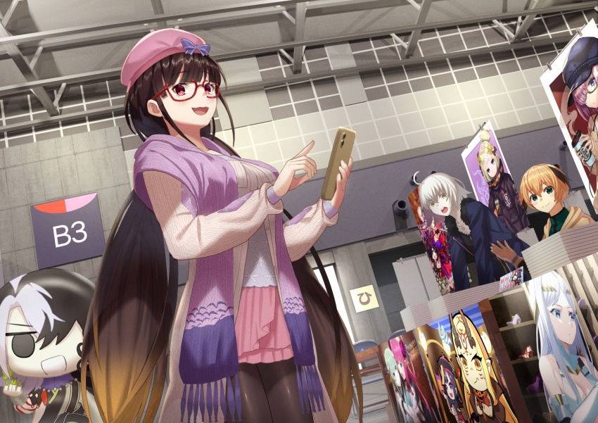 3girls, abigail_williams_(fate), abigail_williams_(traveling_outfit)_(fate), ashiya_douman_(fate), beppu_mitsunaka, beret, bow, brown_hair, cellphone, character_request, commentary_request, convention, elizabeth_bathory_(fate), fate/grand_order, fate_(series), gareth_(fate), gareth_(tour_outfit)_(fate), gradient_hair, hat, hat_bow, highres, holding, holding_phone, houzouin_inshun_(fate), ibaraki_douji_(fate), indoors, jeanne_d'arc_(fate), jeanne_d'arc_alter_(avenger)_(fate), jeanne_d'arc_alter_(fate), jeanne_d'arc_alter_(ver._shinjuku_1999)_(fate), kiyohime_(fate), long_hair, mash_kyrielight, miyamoto_musashi_(fate), mochizuki_chiyome_(fate), multicolored_hair, multiple_girls, official_alternate_costume, osakabehime_(fate), osakabehime_(traveling_outfit)_(fate), pantyhose, phone, pink_headwear, pink_skirt, purple_bow, purple_scarf, red-framed_eyewear, scarf, semi-rimless_eyewear, shuten_douji_(fate), skirt, smartphone, sweater, very_long_hair