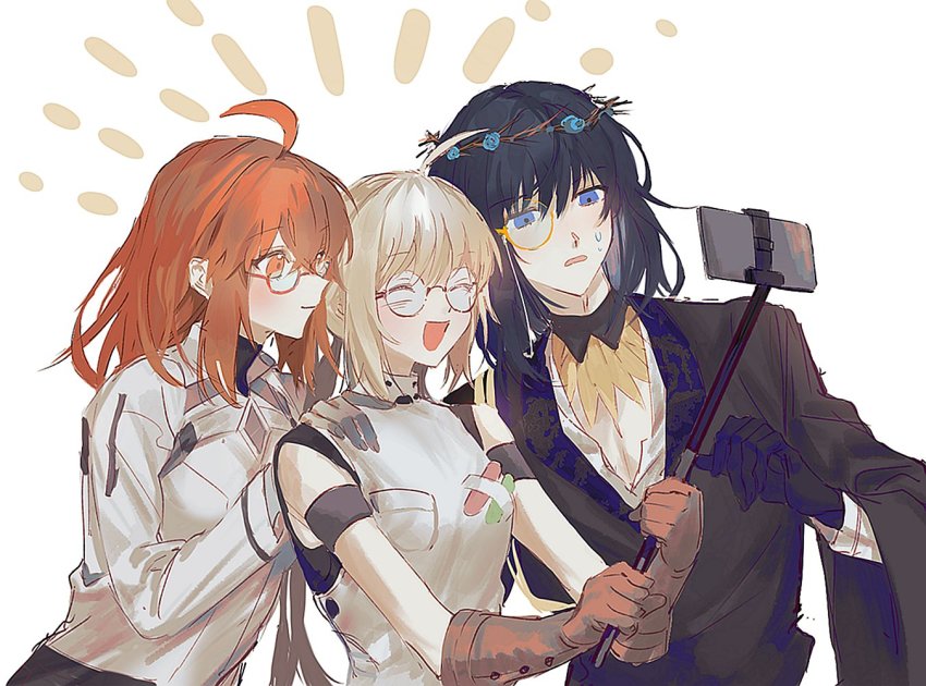 1boy, 1girl, 2girls, ahoge, alternate_hair_color, artoria_caster_(fate), artoria_caster_(first_ascension)_(fate), artoria_pendragon_(fate), black_gloves, black_hair, black_jacket, blonde_hair, blouse, blue_eyes, blue_flower, camera, camera_phone, cellphone, commentary_request, dress, fate/grand_order, fate_(series), flower, fujimaru_ritsuka_(female), fujimaru_ritsuka_(female)_(decisive_battle_chaldea_uniform), glasses, gloves, hair_between_eyes, head_wreath, holding, jacket, long_hair, long_sleeves, multiple_girls, missing_wings, oberon_(fate), oberon_(overnight_dream)_(fate), oberon_(third_ascension)_(fate), official_alternate_costume, open_mouth, orange_eyes, orange_hair, phone, shirt, simple_background, smartphone, spoilers, ss_un17, uniform, upper_body, white_background, white_shirt, wreath, yellow_eyes