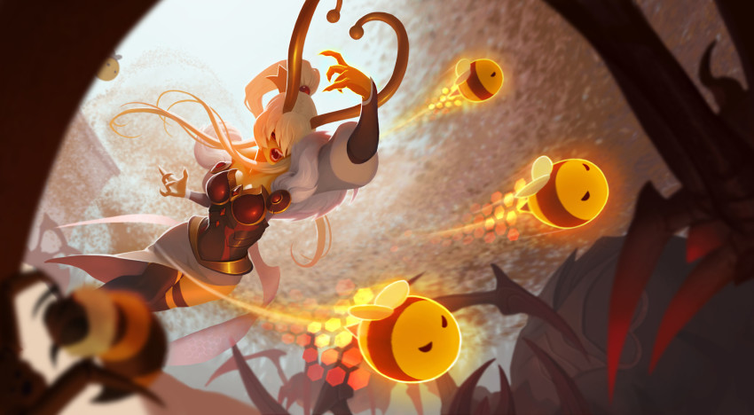 1girl, alternate_costume, animal, antennae, armor, bee, black_skin, blonde_hair