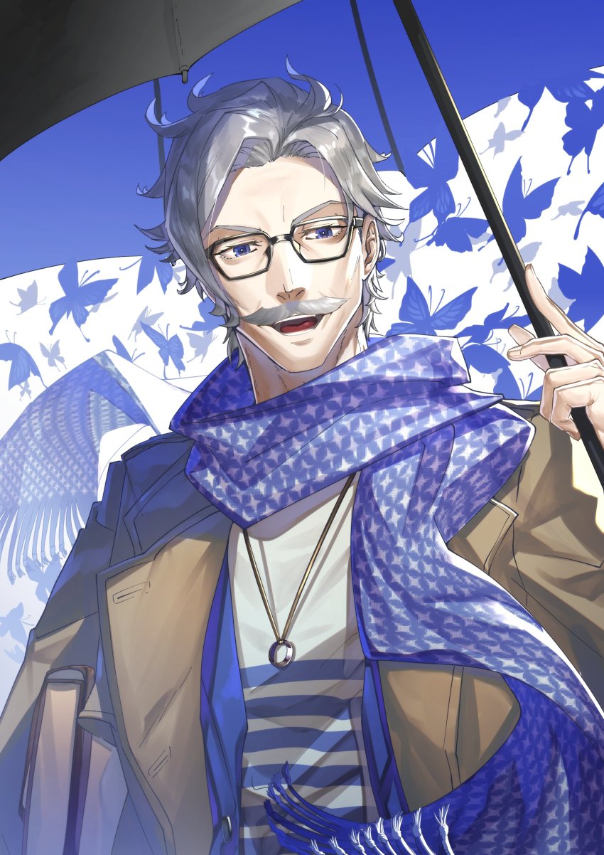 1boy, :d, absurdres, black-framed_eyewear, black_umbrella, blue_butterfly, blue_umbrella, bug, butterfly, commentary_request, facial_hair, fate/grand_order, fate_(series), glasses, grey_hair, highres, holding, holding_umbrella, insect, jacket, james_moriarty_(archer)_(fate), james_moriarty_(tour_outfit)_(fate), looking_at_viewer, male_focus, mustache, official_alternate_costume, old, old_man, open_clothes, open_mouth, scarf, shirt, simple_background, smile, solo, striped, suzuki_rui, umbrella, upper_body, white_background