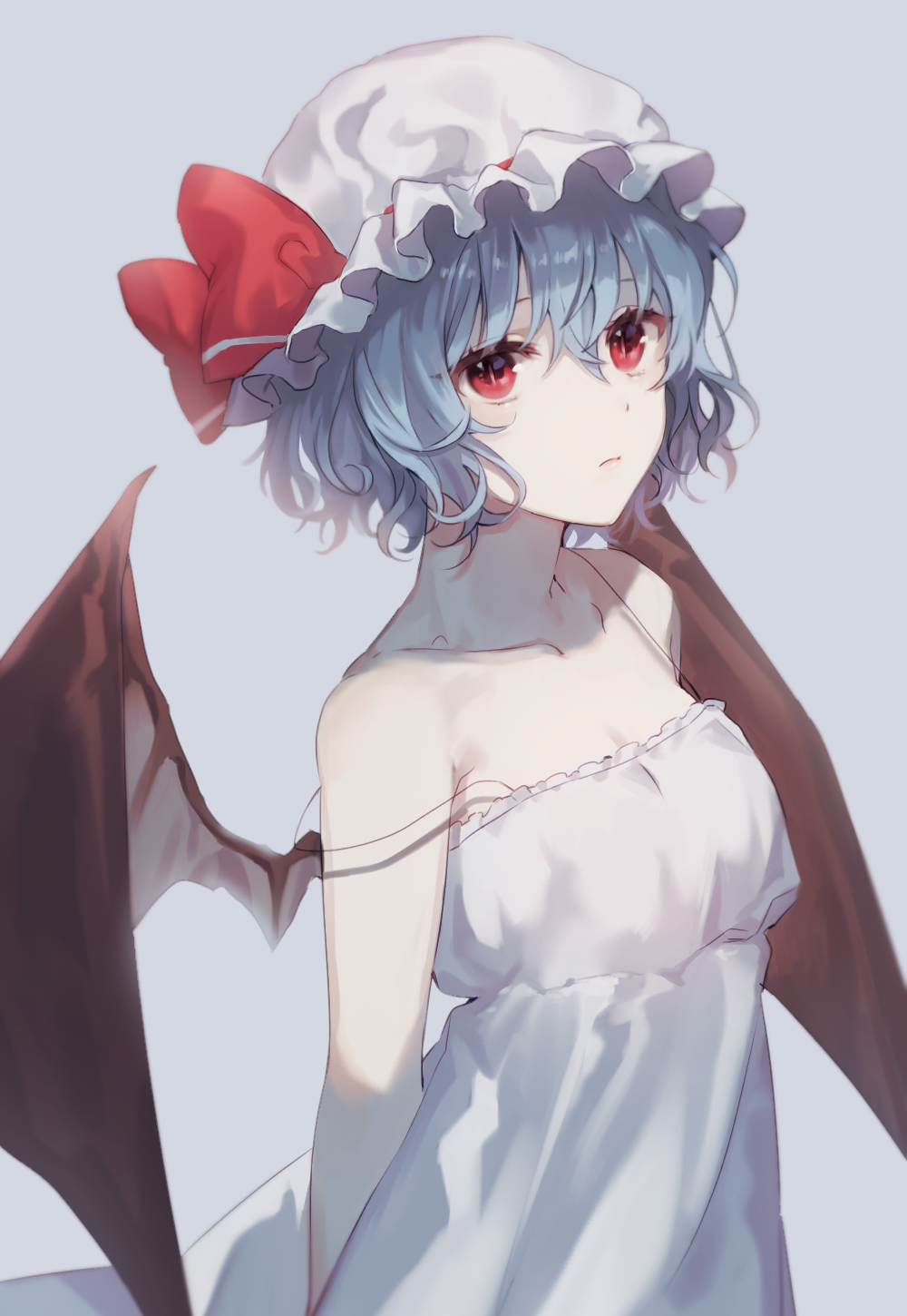 1girl, ap5ry, arms_at_sides, bare_shoulders, bat_wings, blue_hair, bow, closed_mouth