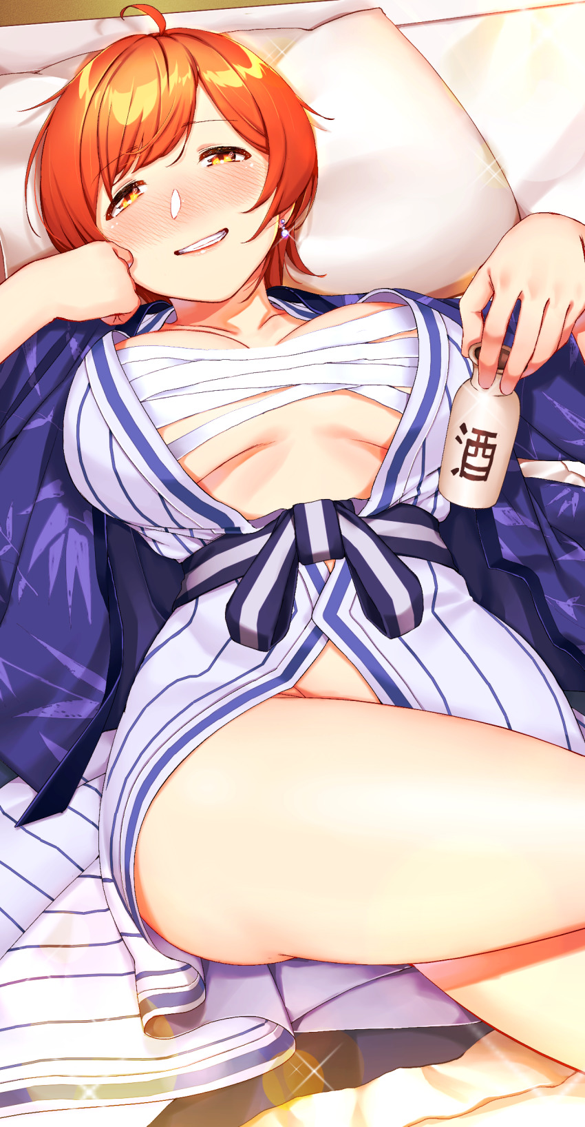 1girl, absurdres, ahoge, alcohol, bath_yukata, bottle, breasts, breasts_apart