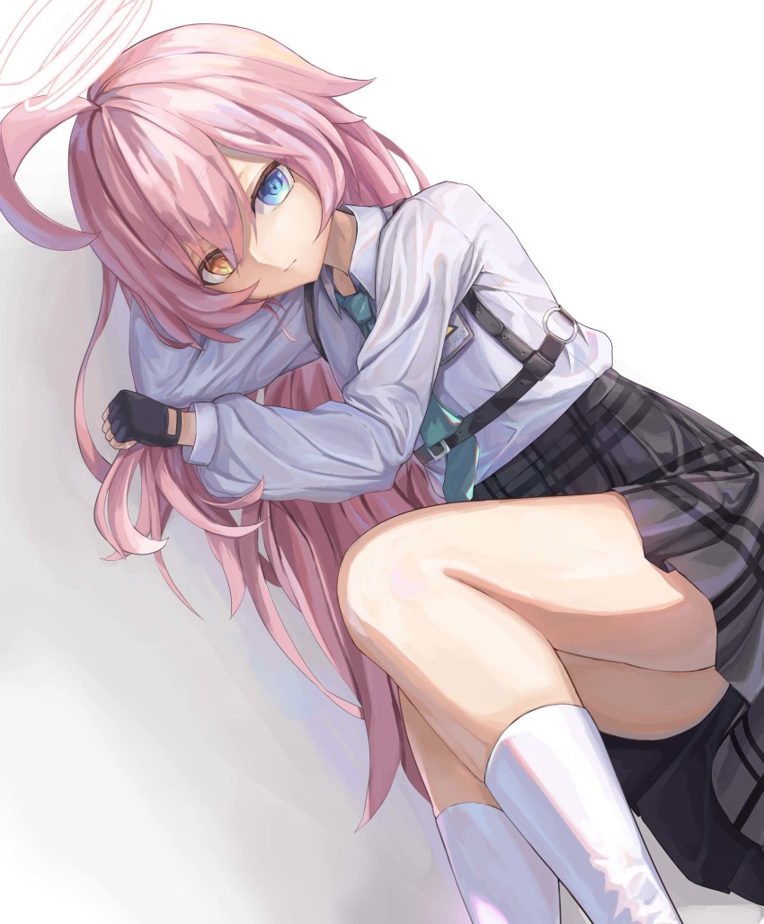 1girl, absurdres, ahoge, black_gloves, black_skirt, blue_archive, blue_eyes, blue_necktie