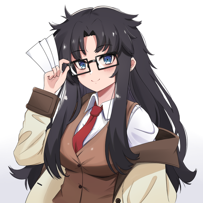1girl, adjusting_eyewear, alzcats, between_fingers, black_hair, blue_eyes, blush, breasts