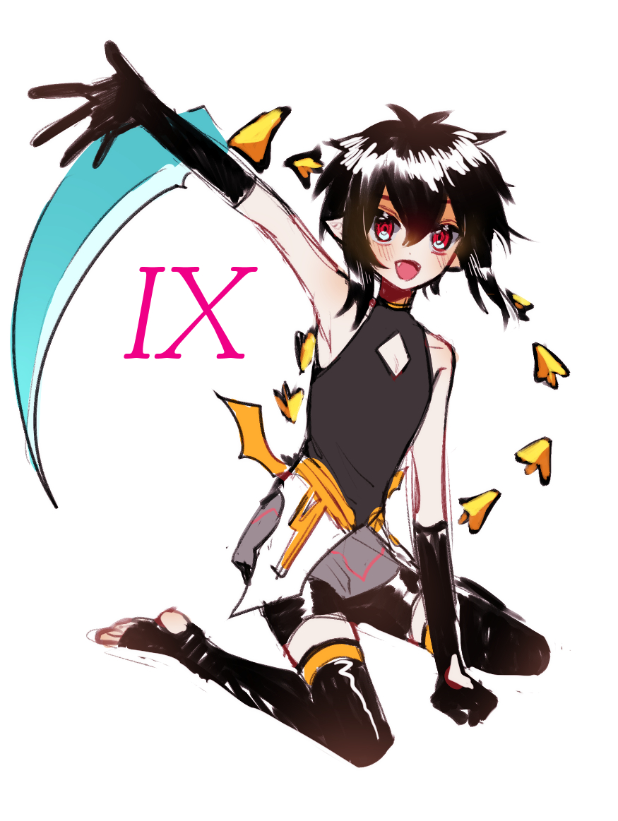 1boy, black_hair, black_legwear, black_shirt, black_shorts, blush, full_body, koyashaka