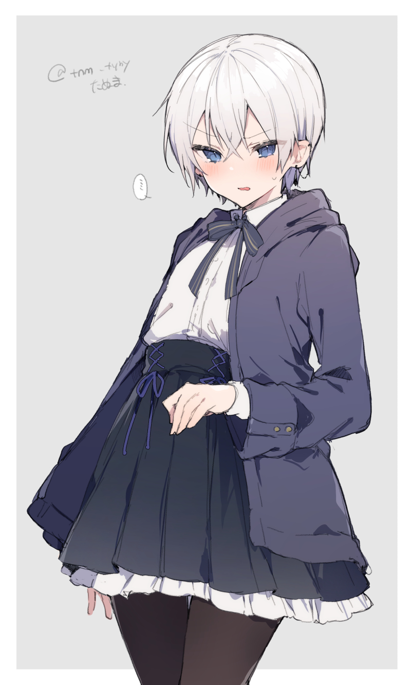 1boy, arm_at_side, artist_name, black_skirt, blue_eyes, blush, bow, bowtie