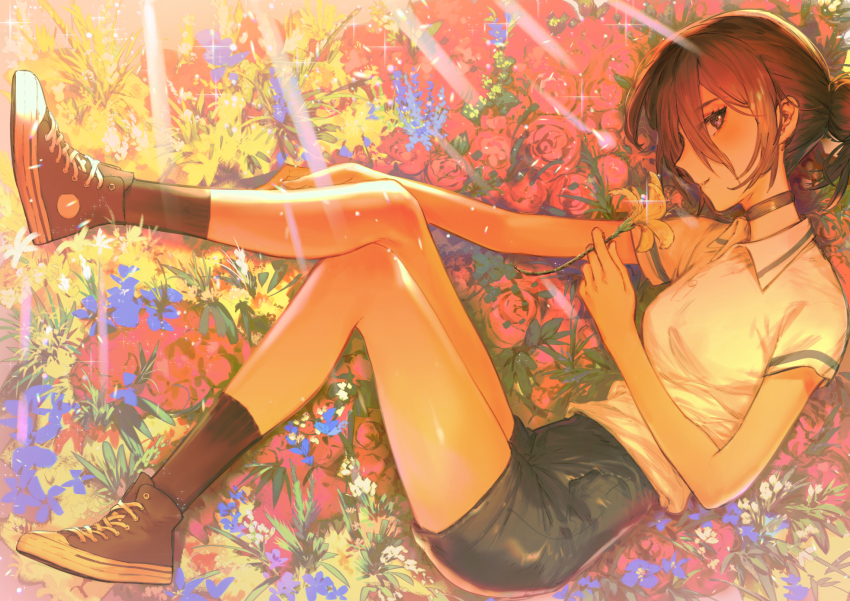 1girl, ashorz, black_choker, black_footwear, black_socks, blue_flower, blue_shorts, breasts