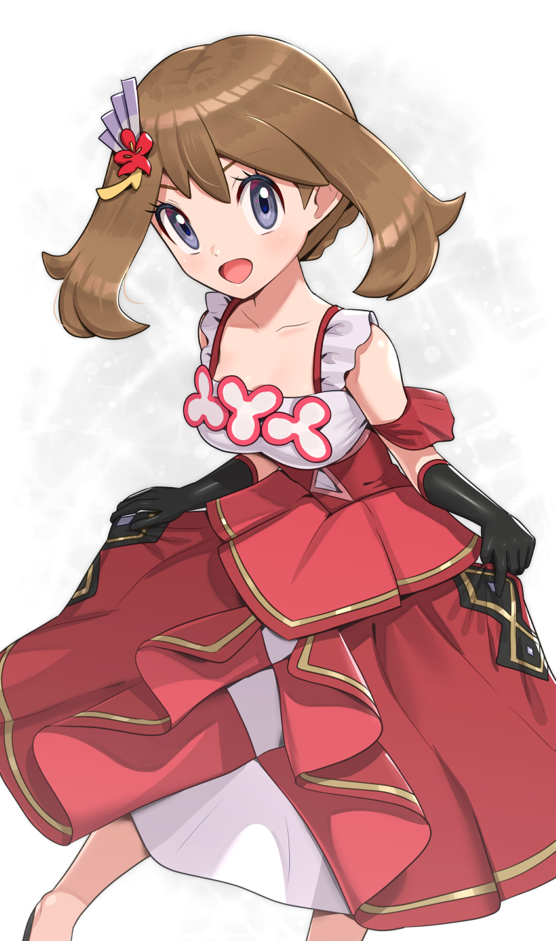 1girl, black_gloves, breasts, brown_hair, dress, gloves, gonzarez, grey_eyes