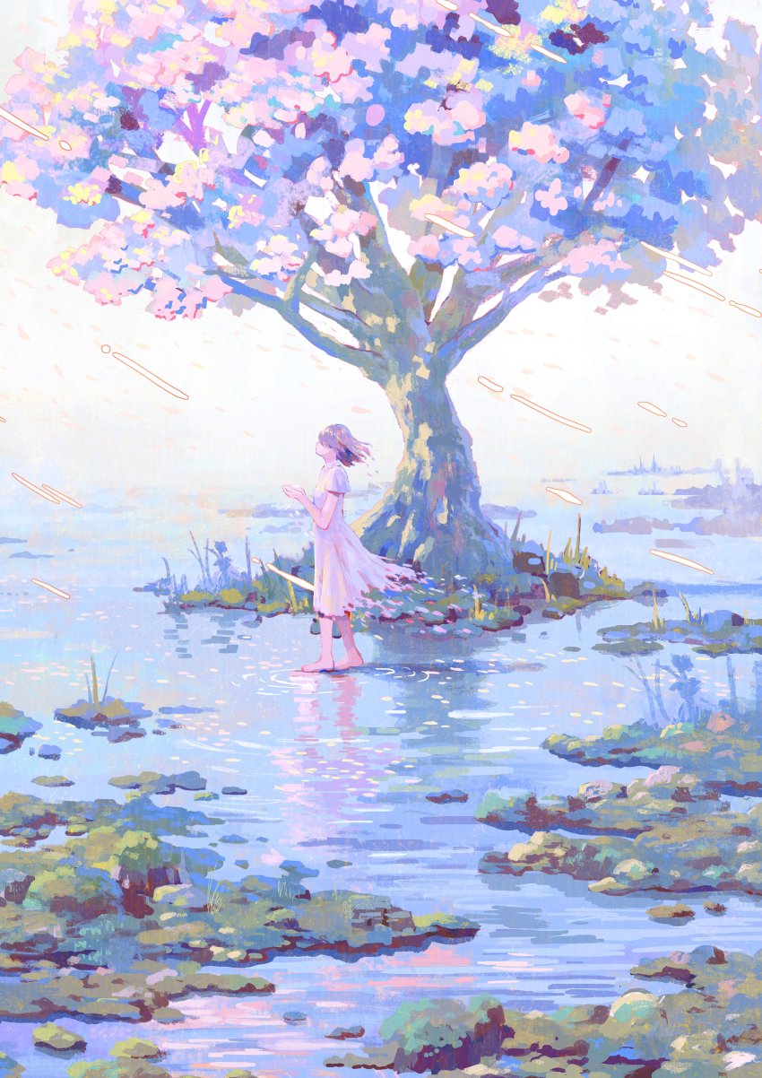 1girl, absurdres, barefoot, brown_hair, cherry_blossoms, commentary, day, dress, from_side, hayashi_naoyuki, highres, original, pink_theme, rain, reflection, reflective_liquid, scenery, short_hair, solo, standing, tree, water, waves, wetland, white_dress, wide_shot