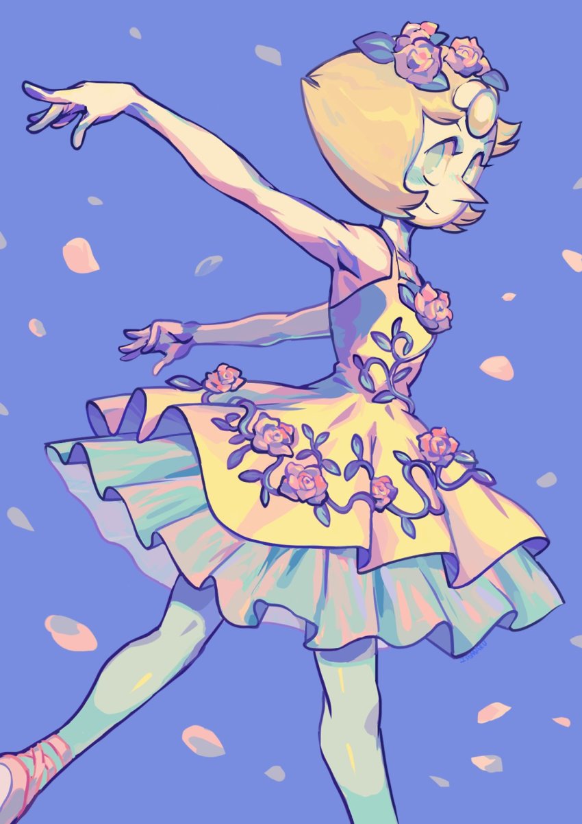 1girl, ballerina, blue_background, blush, flower, flower_on_head, highres, isomaru