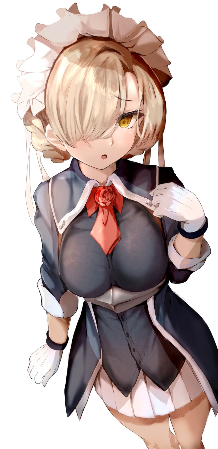 1girl, absurdres, alternate_costume, azur_lane, black_jacket, braid, breasts, commentary_request, cosplay, gloves, hair_over_one_eye, hand_up, highres, historical_name_connection, jacket, kantai_collection, light_brown_hair, looking_at_viewer, maid_headdress, medium_breasts, miniskirt, name_connection, necktie, open_mouth, pleated_skirt, raru_(nanaharararu), red_necktie, sheffield_(azur_lane), sheffield_(kancolle), sheffield_(kancolle)_(cosplay), short_necktie, simple_background, skirt, solo, standing, white_background, white_gloves, white_skirt, yellow_eyes