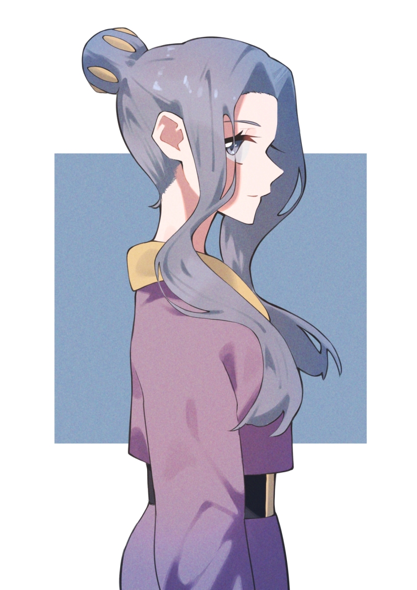 1girl, aoi_(altea0923), blue_background, blue_eyes, blue_hair, border, from_side, hair_bun