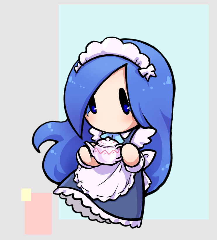1girl, alternate_costume, apron, blue_eyes, blue_hair, dress, francisca_(kirby), frilled_apron, frilled_dress, frills, kettle, kirby_star_allies, kirby_(series), maid, maid_headdress, nintendo, solo, tea_kettle, teapot, usamiya_(hosikuzubosi)
