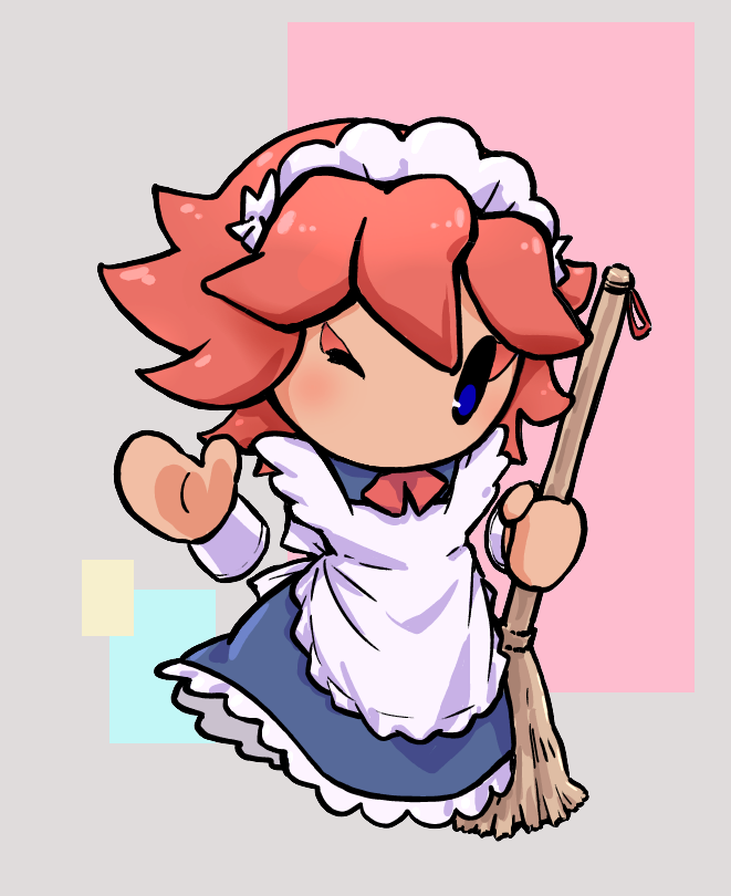 1girl, apron, blue_eyes, broom, dark-skinned_female, dark_skin, dress, flamberge_(kirby), frilled_apron, frilled_dress, frills, kirby_star_allies, kirby_(series), maid, maid_headdress, nintendo, one_eye_closed, red_hair, short_hair, solo, usamiya_(hosikuzubosi), waving