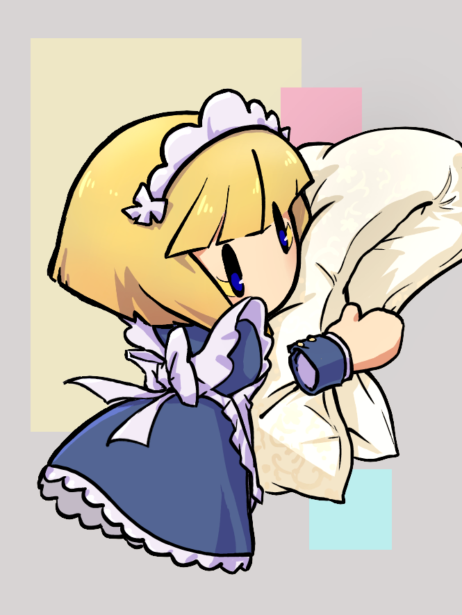 1girl, apron, blanket, blonde_hair, blunt_bangs, dress, frilled_apron, frilled_dress, frills, kirby_star_allies, kirby_(series), maid, maid_headdress, nintendo, solo, usamiya_(hosikuzubosi), zan_partizanne