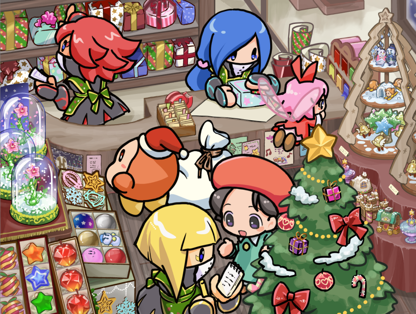 5girls, adeleine, beret, black_hair, blonde_hair, blue_hair, box, candy