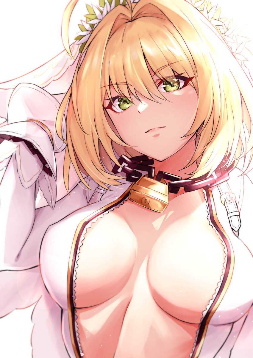 1girl, absurdres, ahoge, blonde_hair, bodysuit, breasts, breasts_apart, bridal_veil, bride, chain, closed_mouth, fate/grand_order, fate_(series), flower, green_eyes, hair_flower, hair_intakes, hair_ornament, highres, large_breasts, lock, looking_at_viewer, nero_claudius_(bride)_(fate), nero_claudius_(fate), open_bodysuit, open_clothes, padlock, shiraiwa_usagi, short_hair, simple_background, smile, solo, upper_body, veil, white_background, white_bodysuit