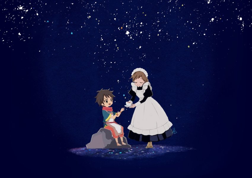 1boy, 1girl, apron, araune, brown_footwear, brown_hair, chibi, closed_eyes