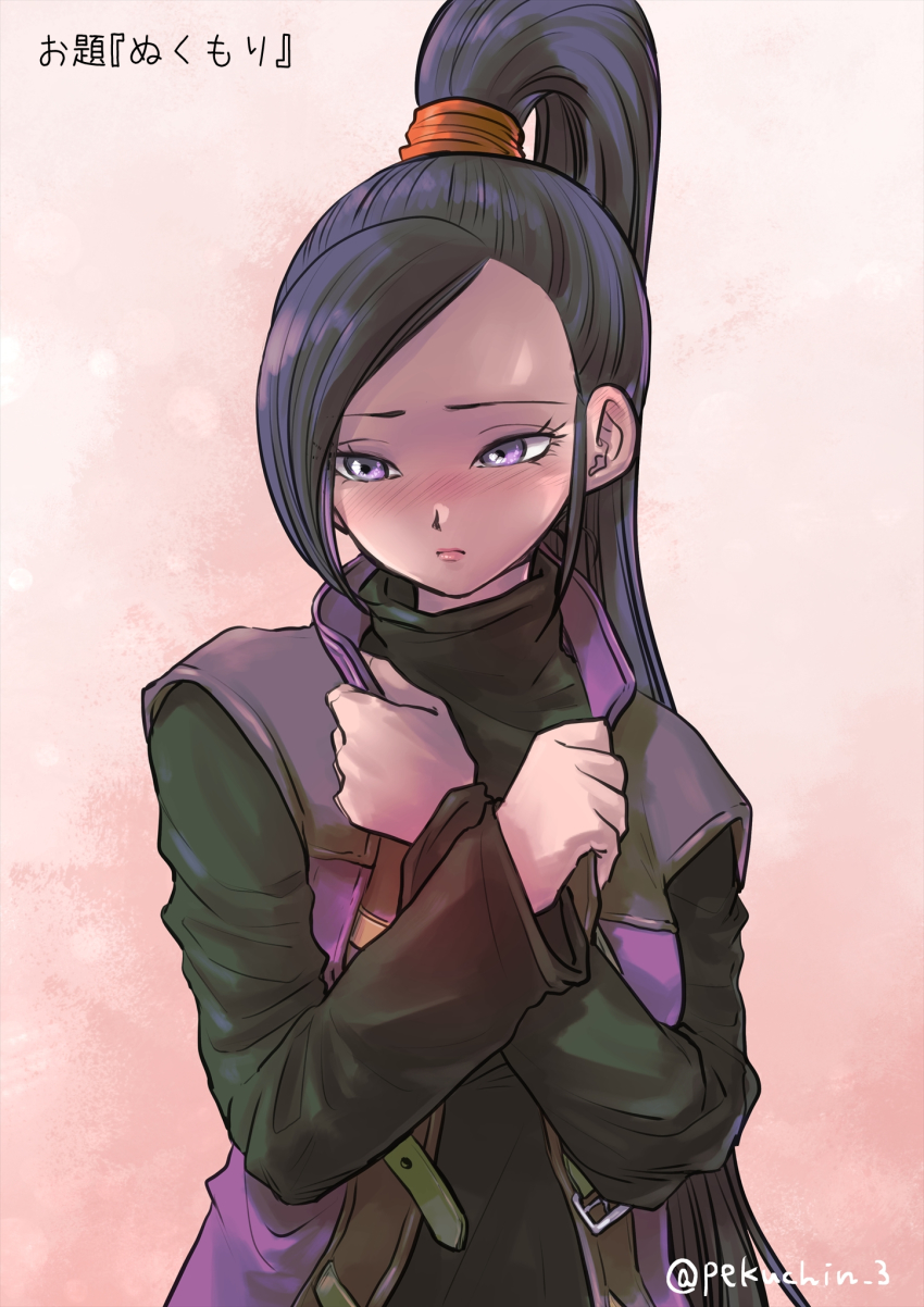 1girl, black_shirt, blush, commentary_request, cosplay, dragon_quest, dragon_quest_xi, hair_ornament, hair_scrunchie, hero_(dq11), hero_(dq11)_(cosplay), high_ponytail, highres, long_hair, martina_(dq11), orange_scrunchie, pekuchin_(pekuchin_3), ponytail, purple_eyes, purple_hair, purple_vest, scrunchie, shirt, solo, twitter_username, upper_body, very_long_hair, vest