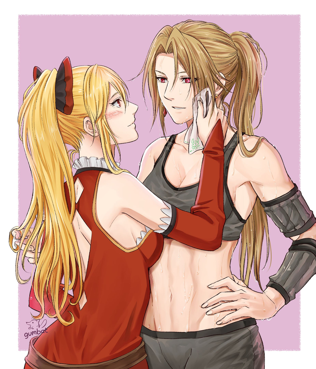 2girls, abs, armpits, blonde_hair, blush, bow, breasts, brown_hair