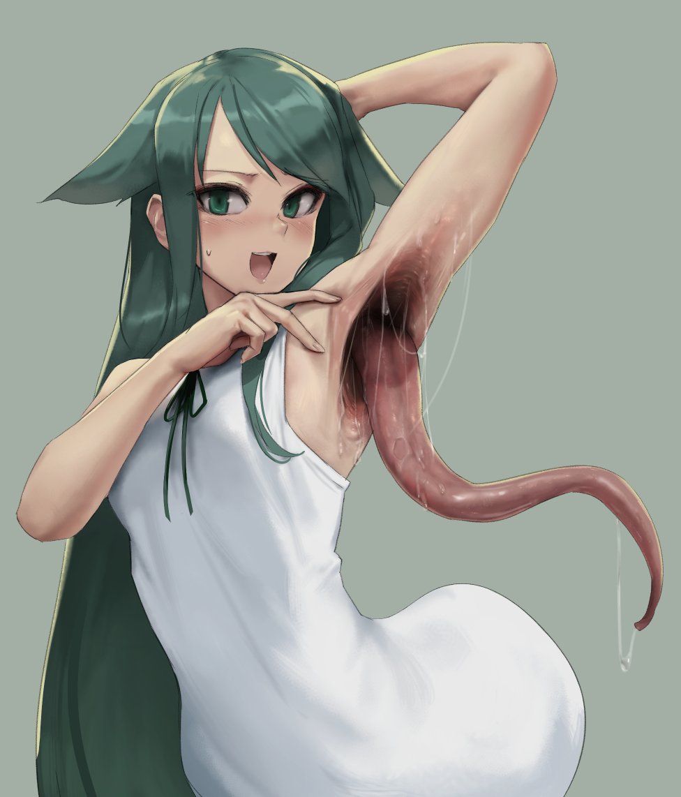 1girl, :d, arm_behind_head, arm_up, armpits, bare_arms, blush, body_horror, commentary, dress, eu03, green_background, green_eyes, green_hair, hair_flaps, hand_on_own_head, hand_up, horror_(theme), long_hair, looking_at_viewer, monster_girl, open_mouth, saliva, saya_(saya_no_uta), saya_no_uta, simple_background, sleeveless, sleeveless_dress, smile, solo, sweatdrop, teeth, tongue, tongue_out, upper_teeth_only, very_long_hair, what, white_dress