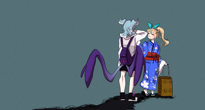 2girls, alternate_hairstyle, backpack, bag, blonde_hair, blue_hair, blue_kimono, butterfly_hair_ornament