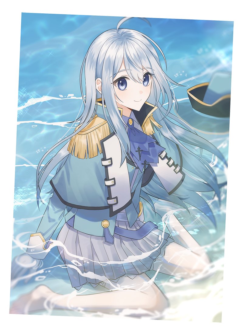 1girl, ascot, ban_hada, belt, blue_ascot, blue_belt, blue_capelet, blue_jacket